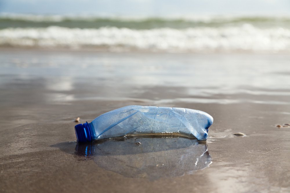 A crushed plastic bottle with its lid still attached laying on the shoreline