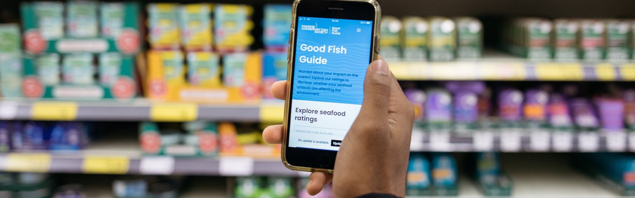 A hand holding up a phone with Marine Conservation Society's Good Fish Guide app on the screen. In the background is a blurred supermarket shelf filled with food products.