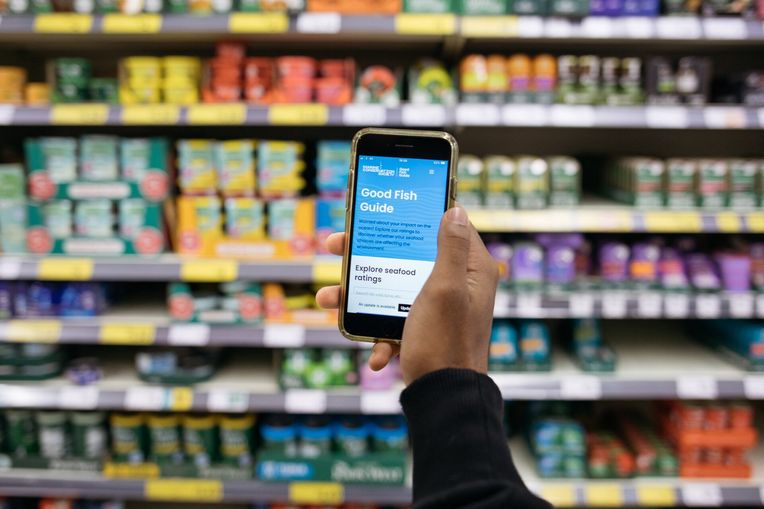 A hand holding up a phone with Marine Conservation Society's Good Fish Guide app on the screen. In the background is a blurred supermarket shelf filled with food products.