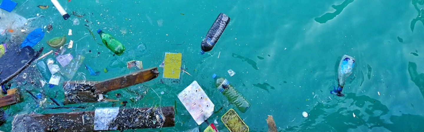 A variety of single-use plastic litter including bottles and cartons are floating in the ocean