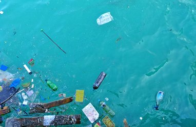A variety of single-use plastic litter including bottles and cartons are floating in the ocean