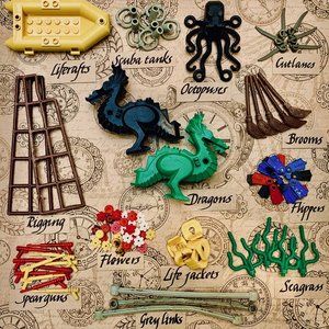 A visual of some marine-themed lego pieces found on beaches. The lego pieces are split into 13 categories; flowers, rigging, life rafts, dragons, scuba tanks, octopuses, cutlasses, brooms, flippers, spearguns, life jackets, grey links and seagrass.