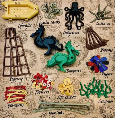 A visual of some marine-themed lego pieces found on beaches. The lego pieces are split into 13 categories; flowers, rigging, life rafts, dragons, scuba tanks, octopuses, cutlasses, brooms, flippers, spearguns, life jackets, grey links and seagrass.