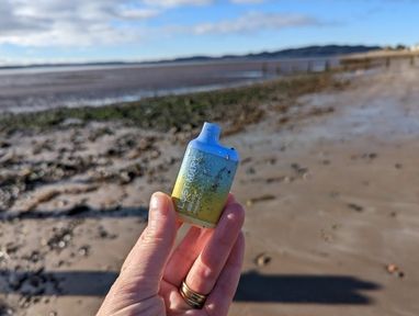 A hand is holding up a colourful disposable vape, the sandy beach is in the background. The disposable vape is litter.