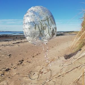 A deflated helium balloon is found on a sandy beach during a beach clean