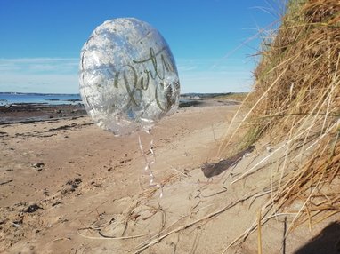 A deflated helium balloon is found on a sandy beach during a beach clean