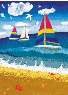 A vibrantly illustrated greeting card, capturing colourful sailboats gently cruising the cerulean sea under a sunny sky.