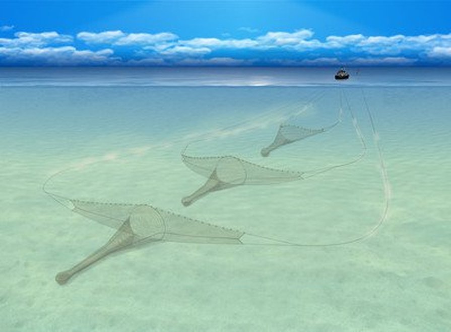 A boat has placed a net on the seabed and is slowly closing it. As ropes move over the seabed to close the net, they herd fish into it.