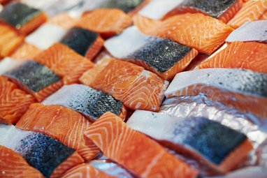 Lots of raw salmon fillets are placed on a bed of crushed ice