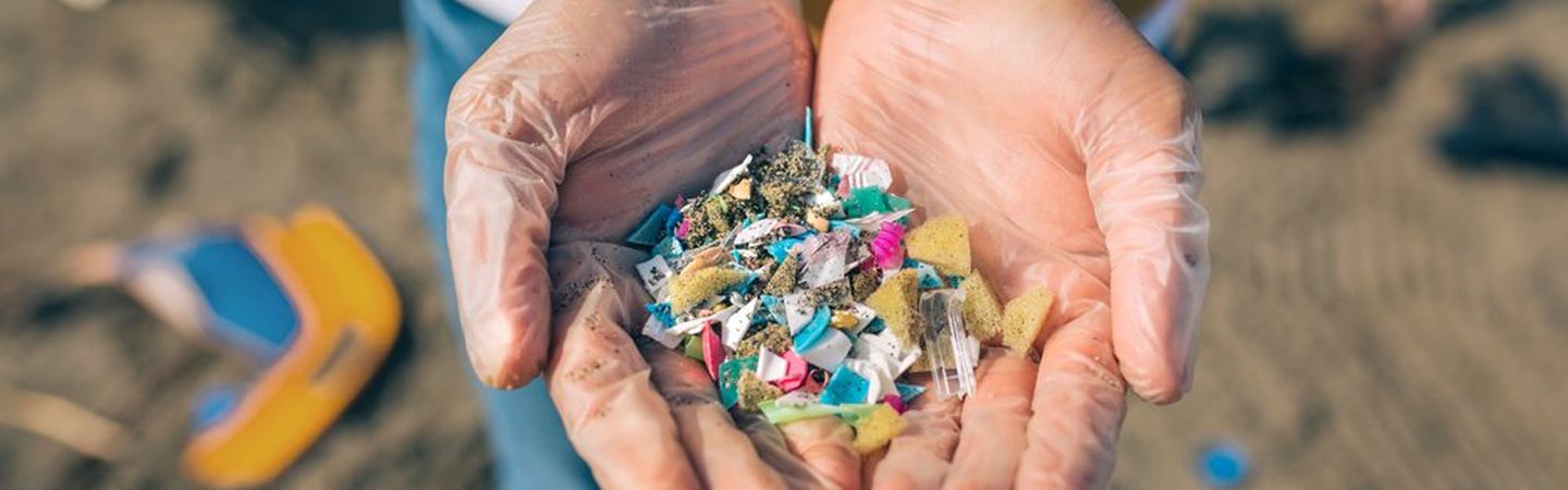 A pair of gloved hands are held together, revealing a pile of colourful microplastics found on a beach clean