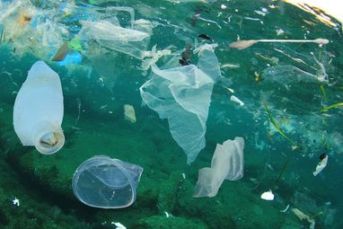 Different types of plastic including bags, cups and straws are pictured under the ocean, highlighting the plastic pollution problem