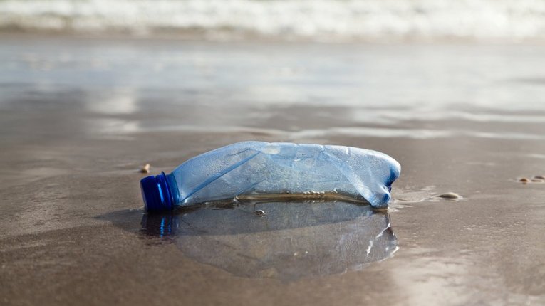 A crushed plastic bottle lies on the shoreline, with the ocean waves lapping in the distance