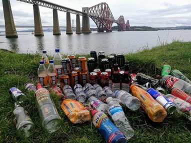 Drinks litter picked up from a beach clean near the Forth Bridge, Edinburgh