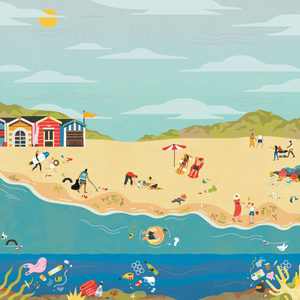 a colorful illustration of a busy beach day. People are sunbathing, swimming, and cleaning up litter. However, the lower part of the image, especially in the water, is filled with various plastic waste and garbage.