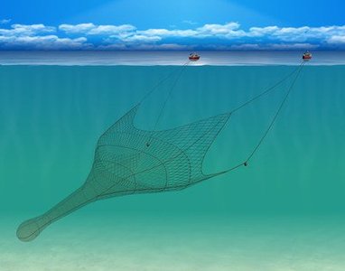 A boat is towing a large net through mid-water