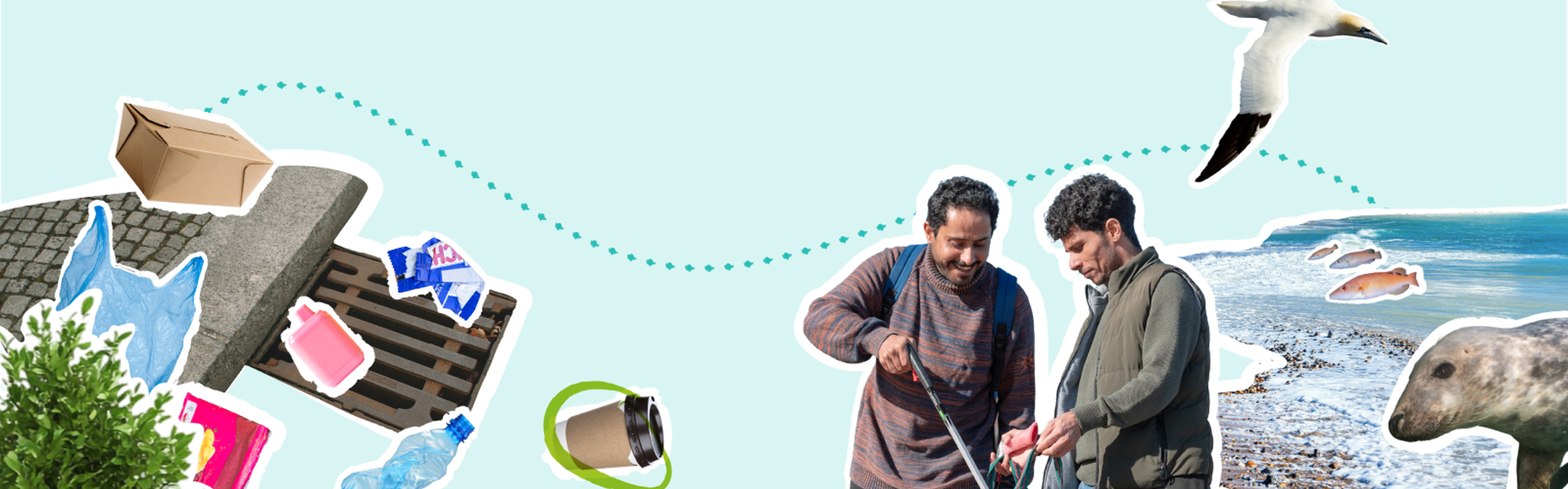 Cut out images of two people holding litter pickers, plus litter items such as a disposable coffee cup and plastic bottle are on the left side. A dotted line leads to the right side, showing the ocean and some marine animals