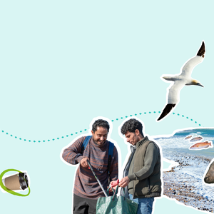 Cut out images of two people holding litter pickers, plus litter items such as a disposable coffee cup and plastic bottle are on the left side. A dotted line leads to the right side, showing the ocean and some marine animals
