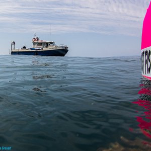 A fishing boat in shown in the distance with a bright pink buoy-type device reading 'ghost fishing UK' in the foreground.