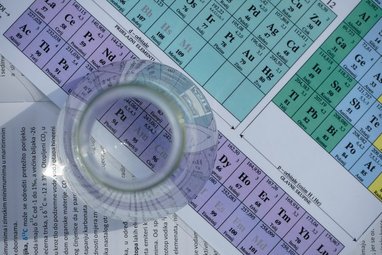 A chemical beaker on top of a printout of the chemical table of elements