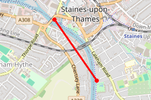 Map showing River Thames, Staines, Slipway next to Thames Lodge.